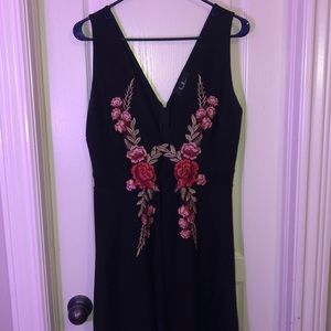 black mini dress with rose embroidery